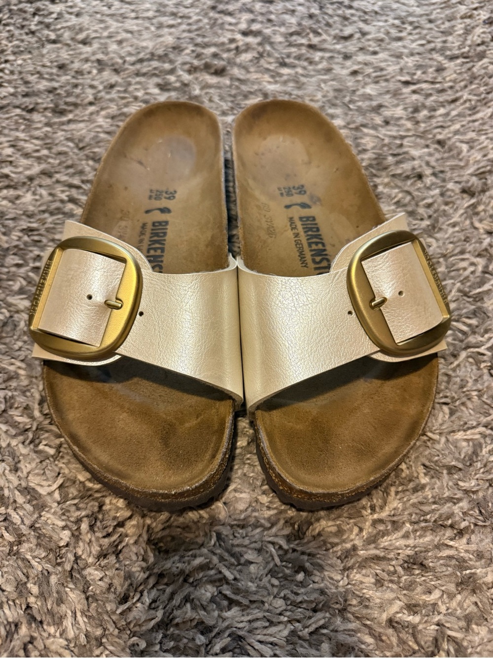 Birkenstock Single Strap Slide Sandals in Ivory with Gold Buckles